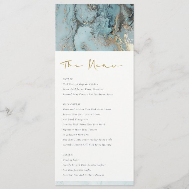 MODERN AQUA DUSKY BLUE GOLD AGATE WEDDING MENU (Front)