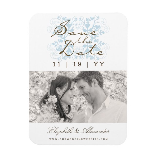 Modern Aqua Floral Flourish Save The Date Photo Magnet (Vertical)