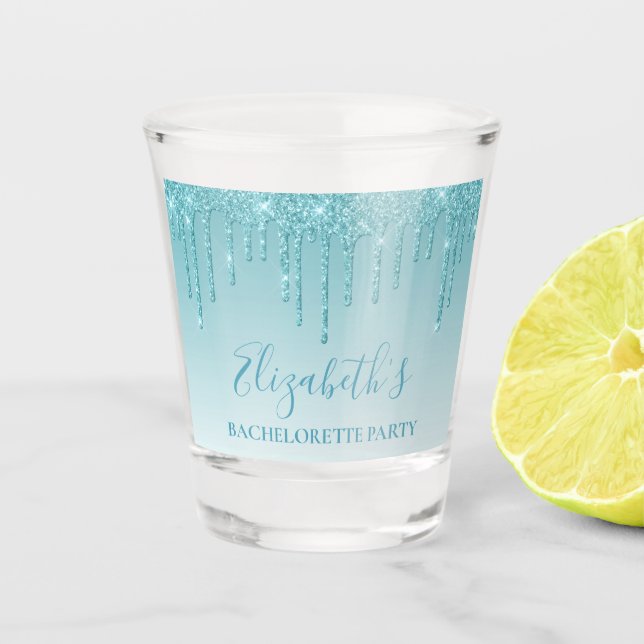Modern Aqua Glitter Bachelorette Party Shot Glass (Front)