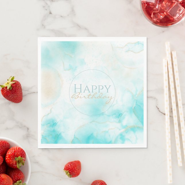Modern Aqua Gold Alcohol Ink Art Watercolor Ocean Napkins (Insitu)