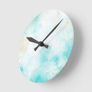 Modern Aqua Gold Alcohol Ink Art Watercolor Ocean Round Clock