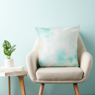 Modern Aqua Gold Alcohol Ink Art Watercolor Ocean Throw Pillow