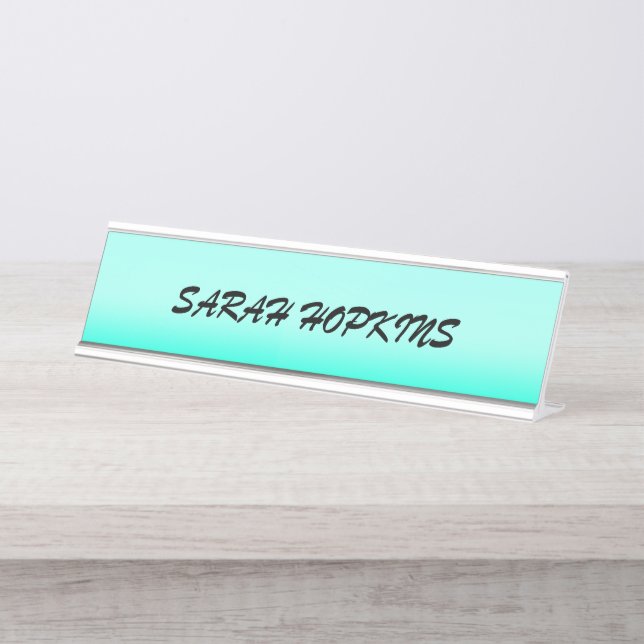 Modern aqua gradient Watercolor Spring nature Desk Name Plate (Front)