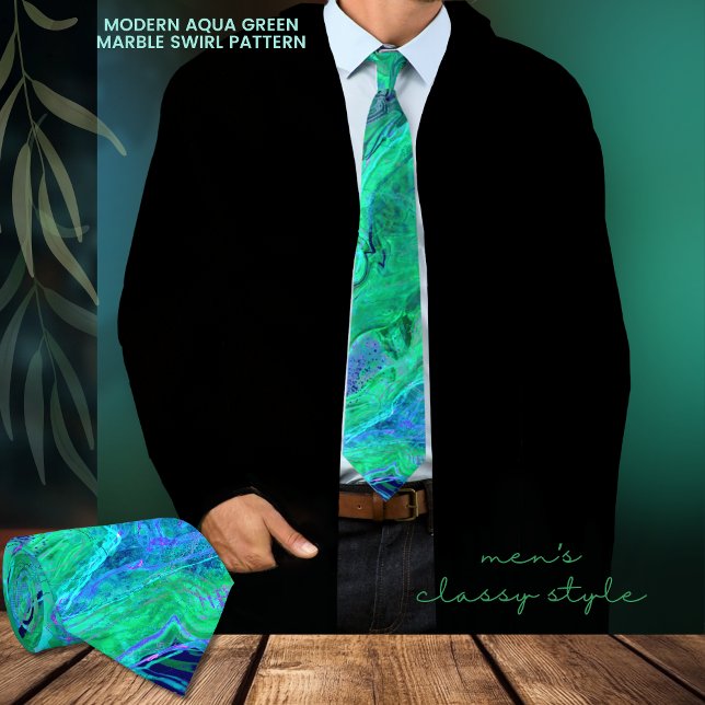 Modern Aqua Green Marble Swirl Art Pattern Neck Tie (Modern Aqua Green Marble Pattern Neck Tie with jacket)