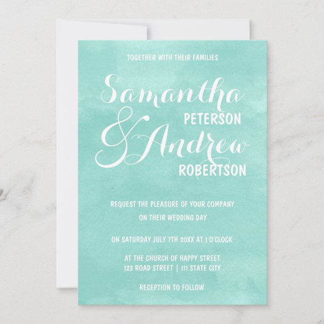 Modern aqua green watercolor Wedding Invitation (Front)