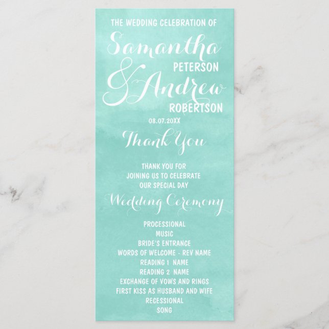Modern aqua green watercolor Wedding Program (Front)
