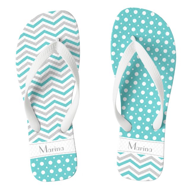 Modern aqua, grey, white chevron & polka dot flip flops (Footbed)