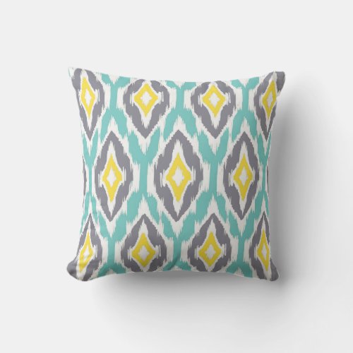 Modern aqua grey yellow Ikat Tribal Pattern 1a Throw Pillow