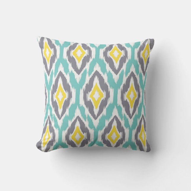 Modern aqua grey yellow Ikat Tribal Pattern 1a Throw Pillow (Front)
