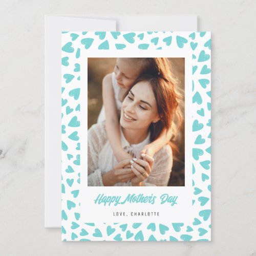 Modern Aqua Love Hearts Photo Mothers Day Card