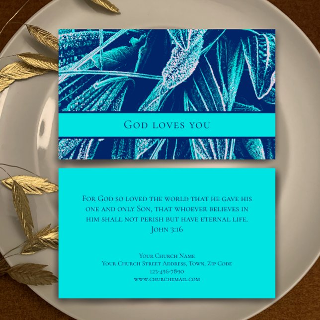 Modern Aqua Nature Custom Bible Scripture Church  Business Card (Customize this template. Modern unique turquoise Bible scripture calling card. John 3:16 church card)