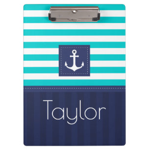 Modern Aqua Navy Stripes Anchor Personalized Clipboard