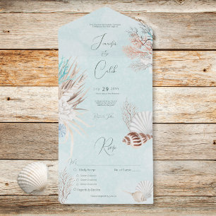 Modern Aqua Ocean Shells Dinner Wedding All In One Invitation