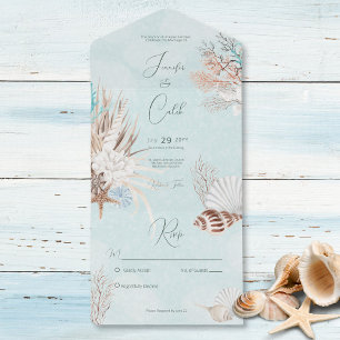 Modern Aqua Ocean & Shells No Dinner All In One Invitation