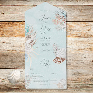 Modern Aqua Ocean Shells No Dinner Wedding All In One Invitation