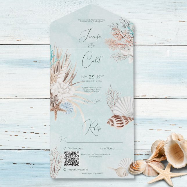 Modern Aqua Ocean & Shells QR Code All In One Invitation (Also available without a QR code; with or without dinner selection options.)