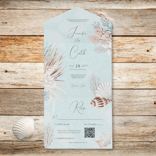 Modern Aqua Ocean Shells QR Code Wedding All In One Invitation (Modern Aqua Ocean Shells QR Code Wedding All In One Invitation)