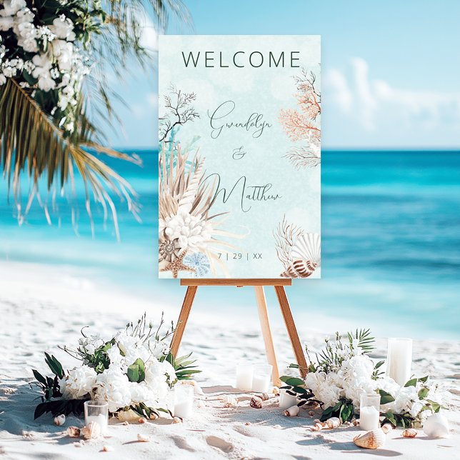 Modern Aqua Ocean & Shells Wedding Foam Board (Creator Uploaded)
