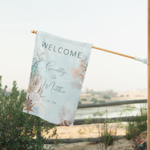 Modern Aqua Ocean & Shells Wedding House Flag