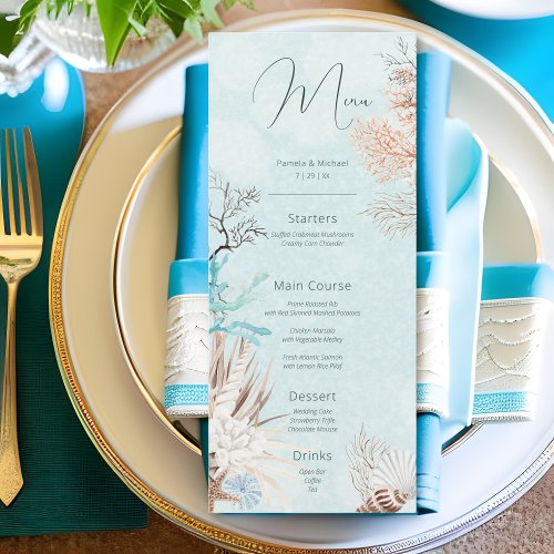 Modern Aqua Ocean  Shells Wedding Menu