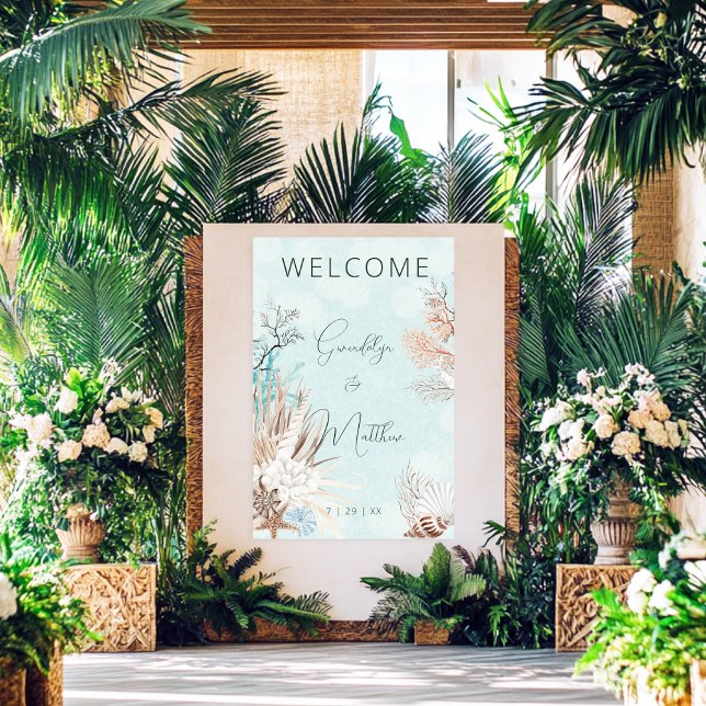 Modern Aqua Ocean & Shells Wedding Poster (Creator Uploaded)