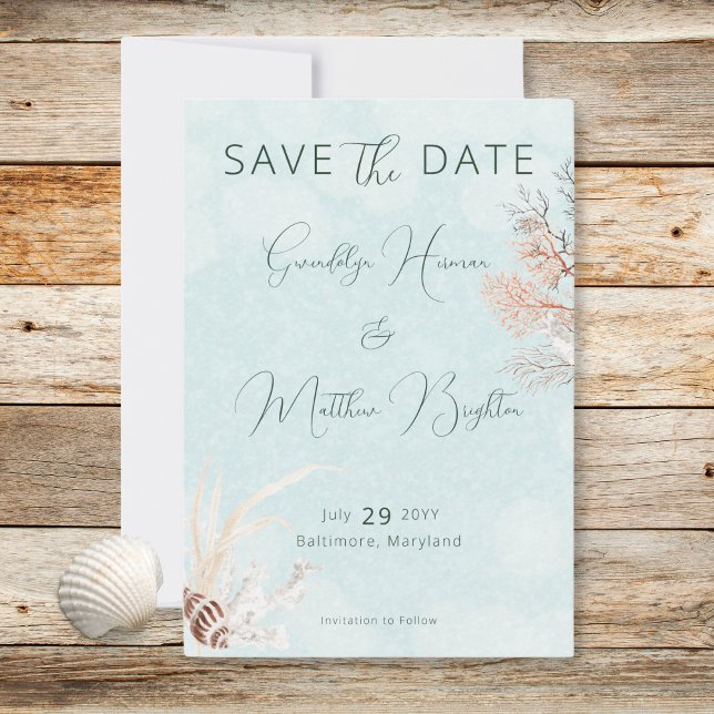 Modern Aqua Ocean Shells Wedding Save The Date (Modern Aqua Ocean Shells Wedding Save The Date)