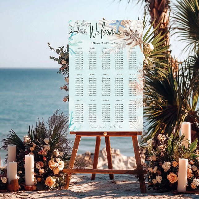 Modern Aqua Ocean & Shells Wedding Seating Foam Board (Creator Uploaded)