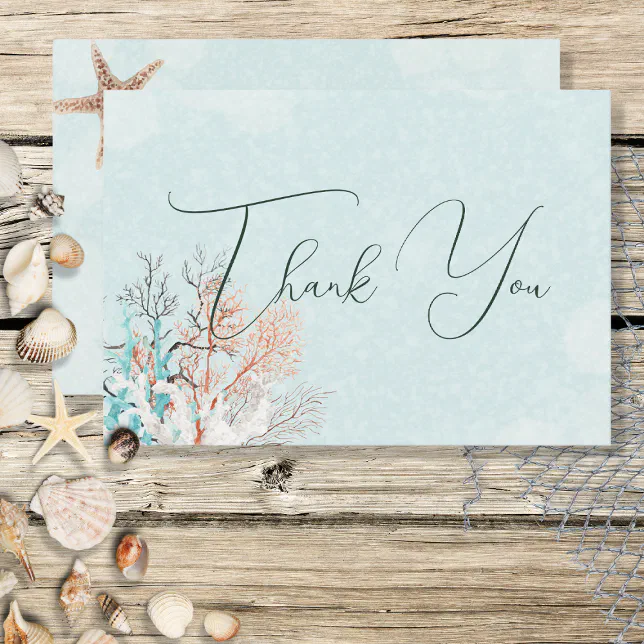 Modern Aqua Ocean & Shells Wedding Thank You Card | Zazzle