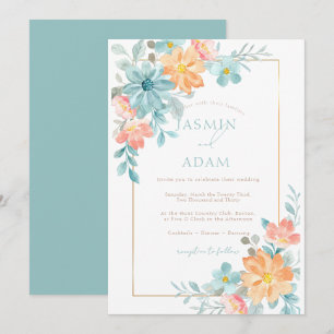 Modern Aqua Peach Watercolor Floral Wedding Invitation