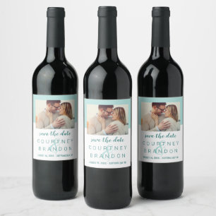 Modern Aqua Photo Monogram Save the Date Wine Label