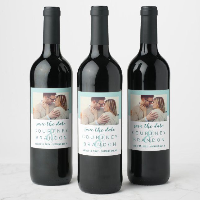Modern Aqua Photo Monogram Save the Date Wine Label (Bottles)