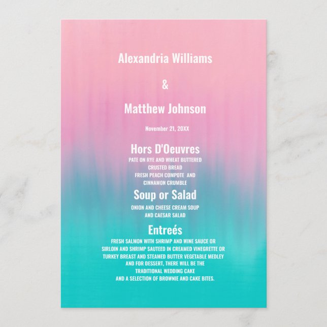 Modern aqua pink ombre brushstrokes Menu (Front)