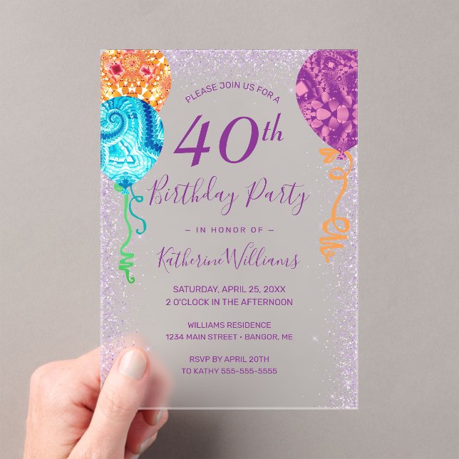 Modern Aqua Purple Balloons 40th Birthday Party Acrylic Invitations (Insitu (Handheld))