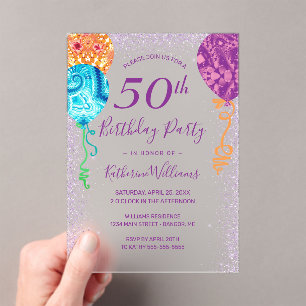 Modern Aqua Purple Balloons 50th Birthday Party Acrylic Invitations