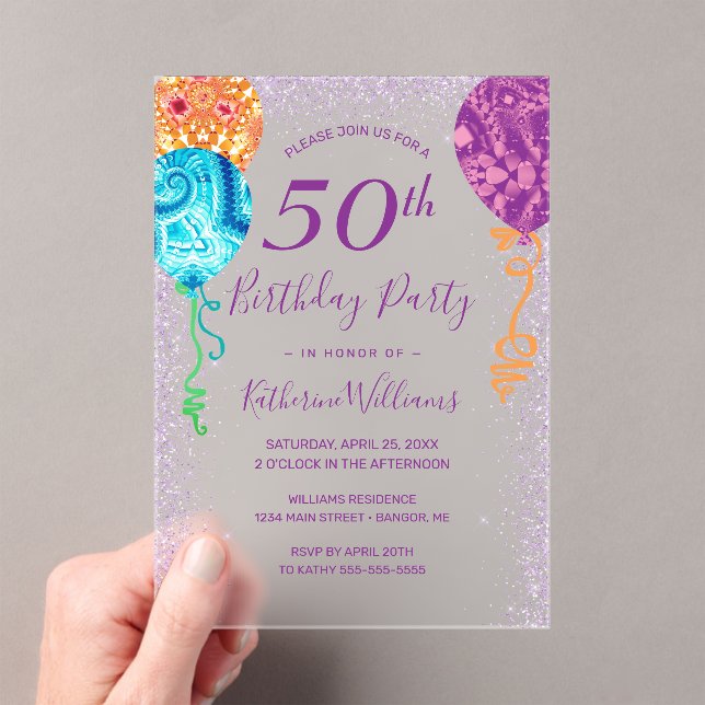 Modern Aqua Purple Balloons 50th Birthday Party Acrylic Invitations (Insitu (Handheld))