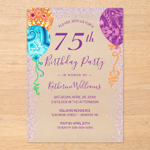 Modern Aqua Purple Balloons 75th Birthday Party Acrylic Invitations
