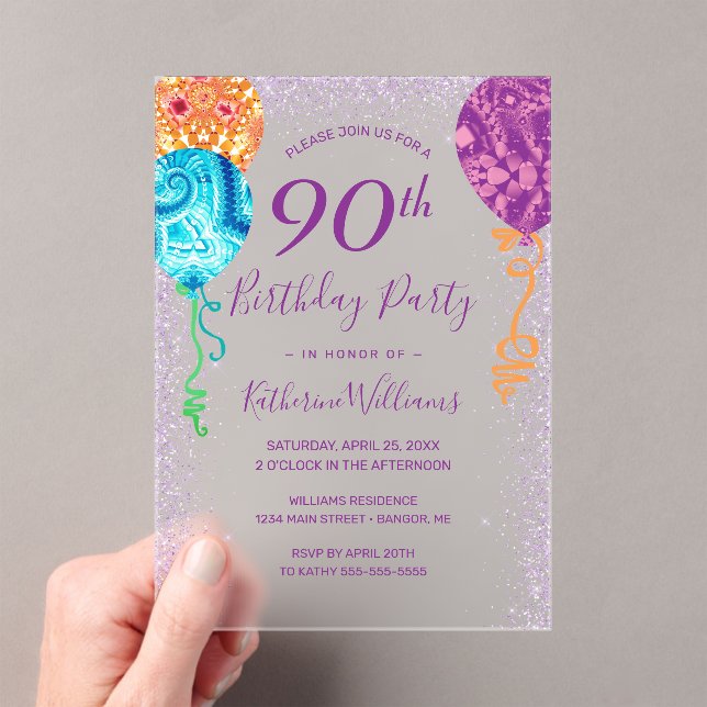 Modern Aqua Purple Balloons 90th Birthday Party Acrylic Invitations (Insitu (Handheld))