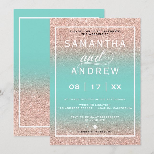 Modern Aqua rose gold typography wedding Invitation (Front/Back)