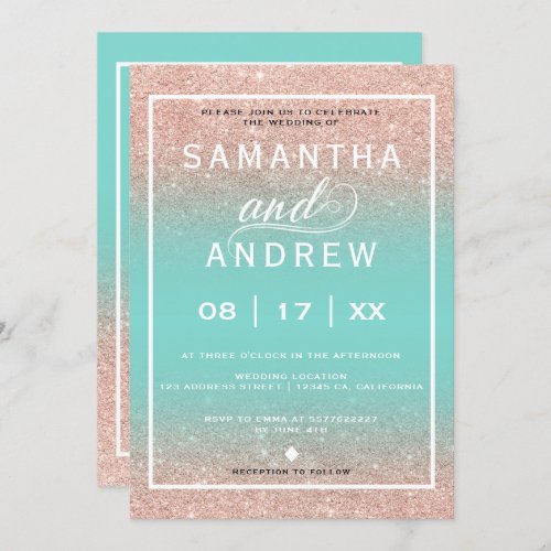 Modern Aqua rose gold typography wedding Invitation
