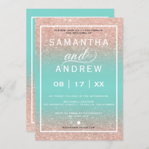 Modern Aqua rose gold typography wedding Invitation