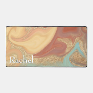 Modern Aqua Rust Yellow Gold Marble Swirl Monogram Desk Mat