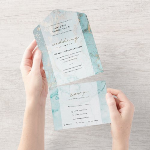 MODERN AQUA TEAL BLUE GOLD AGATE ABSTRACT WEDDING ALL IN ONE INVITATION