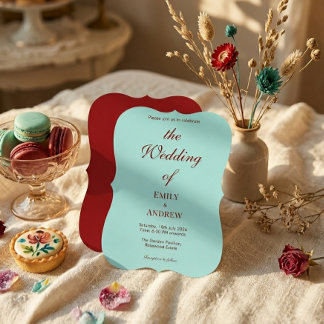 Modern Aqua Teal & Deep Burgundy Wedding Invitation