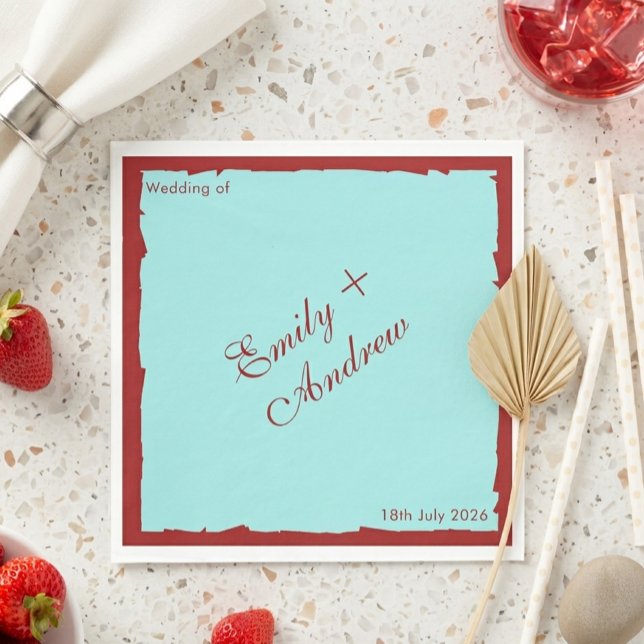 Modern Aqua Teal & Deep Red Wedding Invitation Napkins (Creator Uploaded)