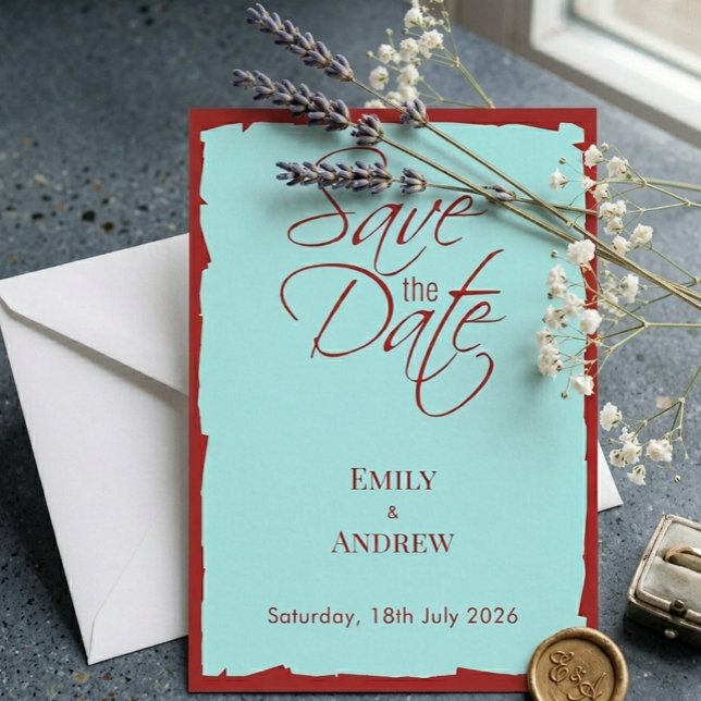 Modern Aqua Teal & Deep Red Wedding Save The Date (Creator Uploaded)