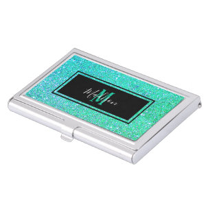 Modern Aqua Teal Glitter Chic Script Monogram Business Card Case