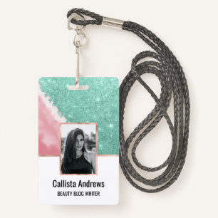 Modern Aqua Teal Pink Glitter Watercolor Beach Badge