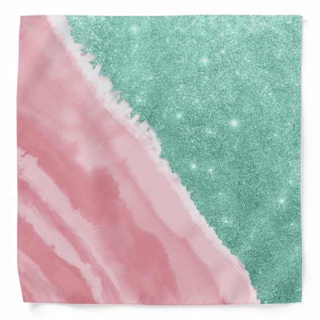 Modern Aqua Teal Pink Glitter Watercolor Beach Bandana (Front)