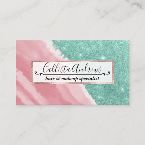 Modern Aqua Teal Pink Glitter Watercolor Beach Business Card