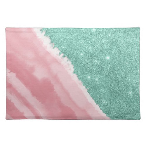 Modern Aqua Teal Pink Glitter Watercolor Beach Cloth Placemat